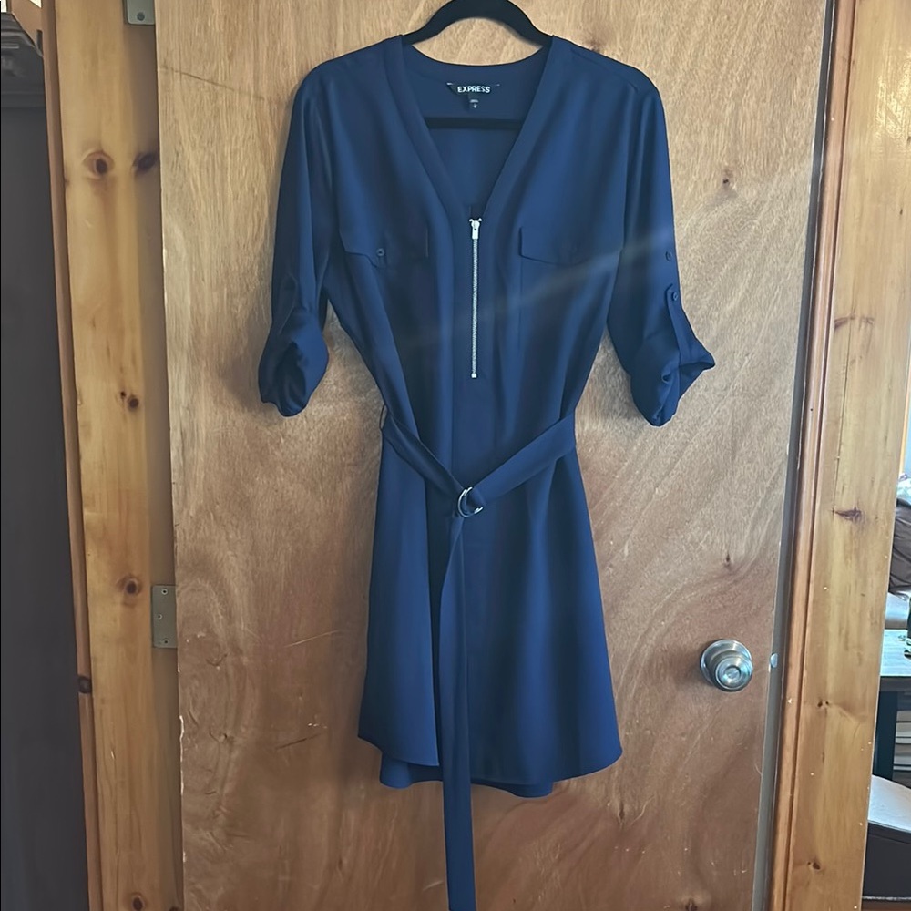 Express Deep Blue Belted Dress with Zipper